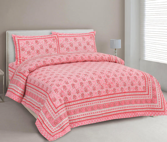 Lali Prints Pink Ethnic Motifs 210 TC Cotton Double King Bedsheet with 2 Pillow Covers