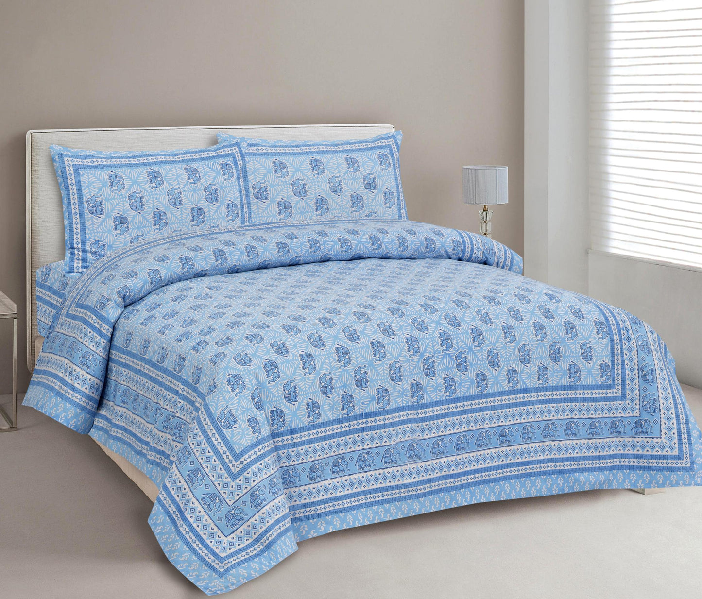Lali Prints Blue Ethnic Motifs 210 TC Cotton Double King Bedsheet with 2 Pillow Covers