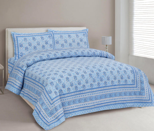 Lali Prints Blue Ethnic Motifs 210 TC Cotton Double King Bedsheet with 2 Pillow Covers