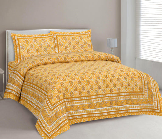 Lali Prints Yellow Ethnic Motifs 210 TC Cotton Double King Bedsheet with 2 Pillow Covers