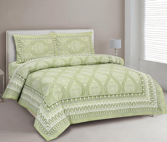 Lali Prints Green & White Ethnic Printed 210 TC Cotton King Bedsheet Set 2.36 m x 2.75 m