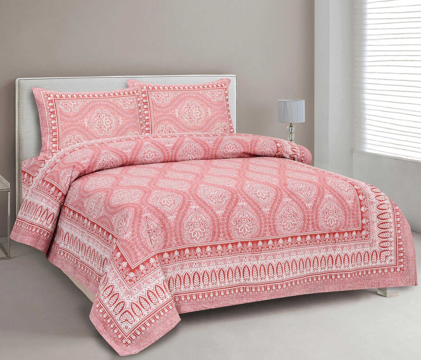 Lali Prints Pink & White Ethnic Printed 210 TC Cotton King Bedsheet Set 2.36 m x 2.75 m