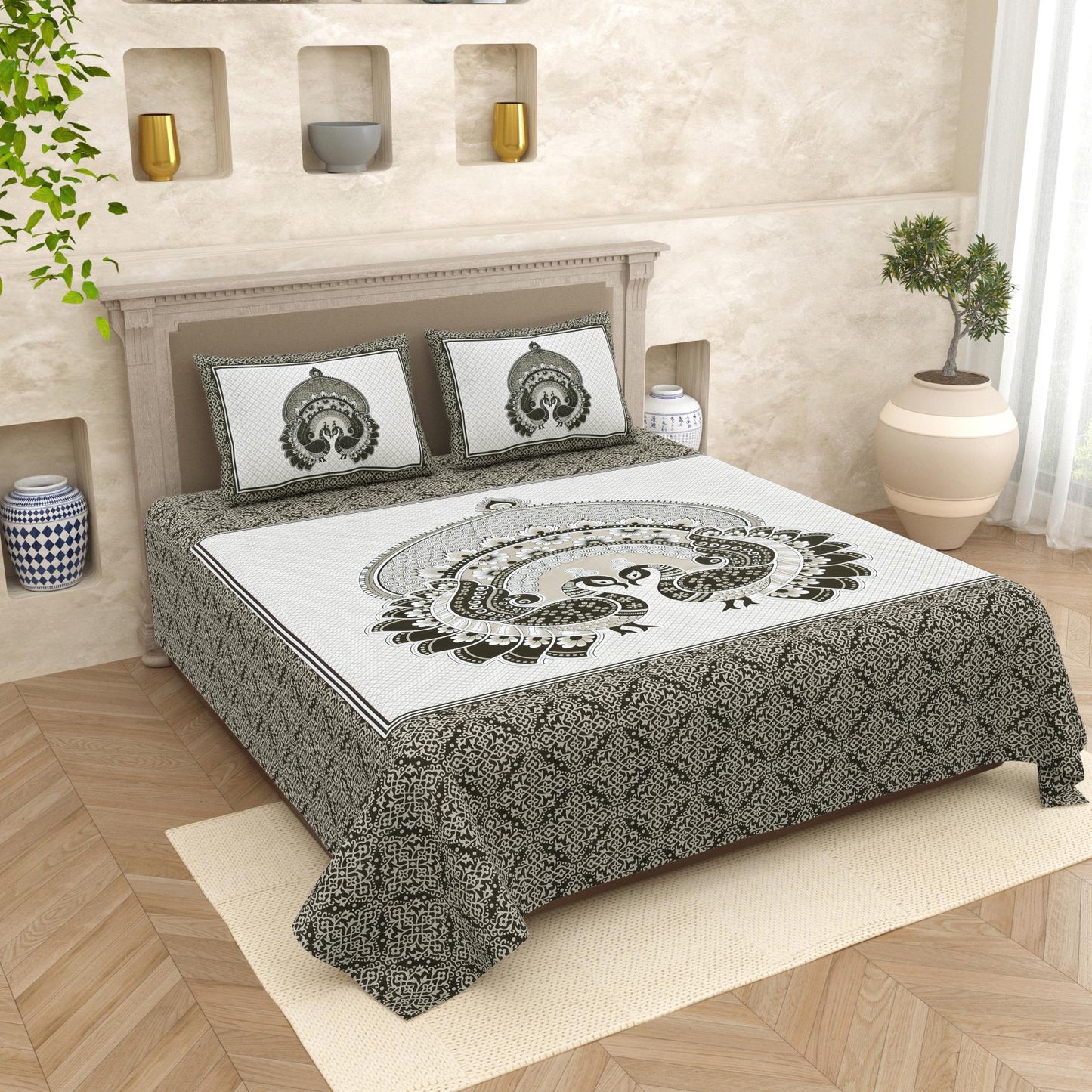 Lali Prints Grey & White Ethnic Printed 210 TC Cotton King Bedsheet Set 2.36 m x 2.75 m