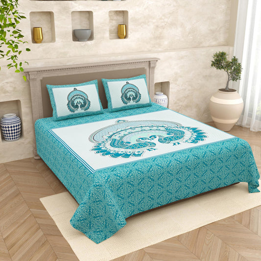 Lali Prints Blue & White Ethnic Printed 210 TC Cotton King Bedsheet Set 2.36 m x 2.75 m