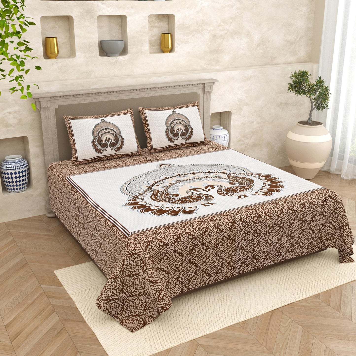 Lali Prints Brown & White Ethnic Printed 210 TC Cotton King Bedsheet Set 2.36 m x 2.75 m